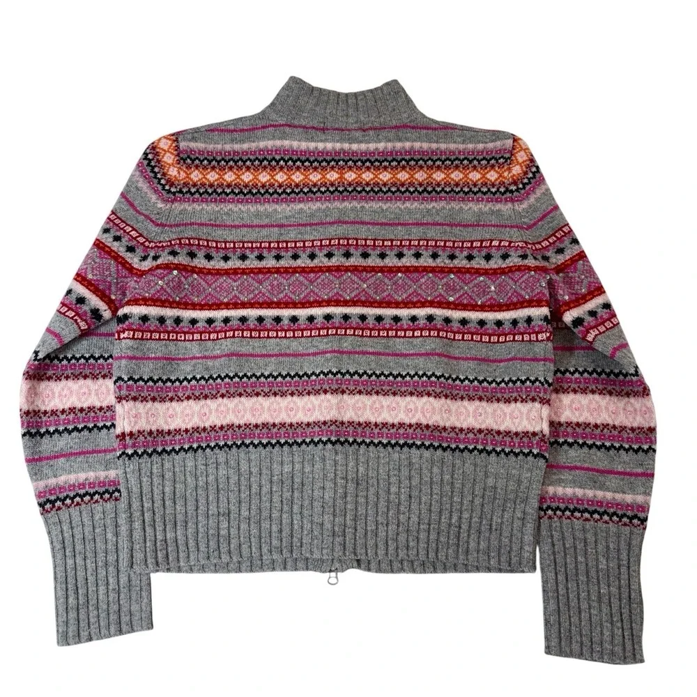 Vtg Context 100% Wool Fair Isle Sweater Sz L Full Zip Beaded Sequined NOS‎